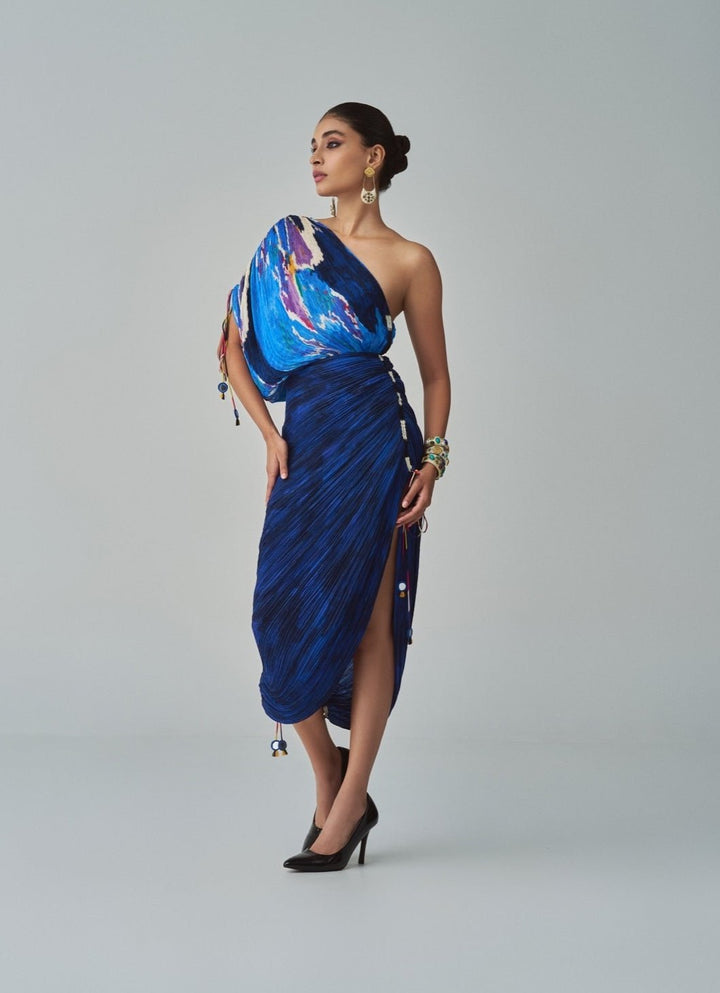 Blue Ikat And Self Print Dress Saaksha & Kinni - Fabilicious Fashion