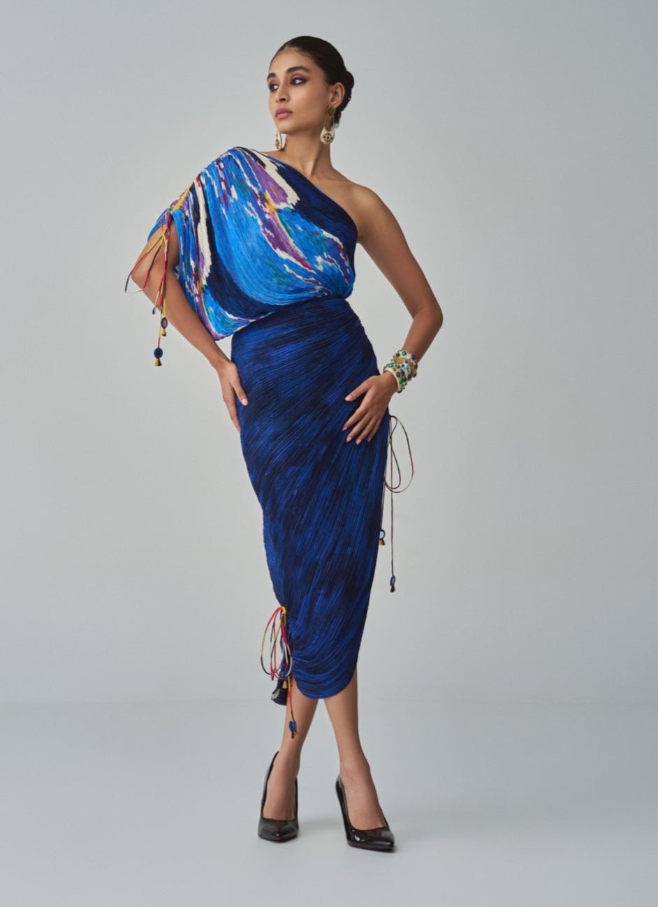 Blue Ikat And Self Print Dress Saaksha & Kinni - Fabilicious Fashion
