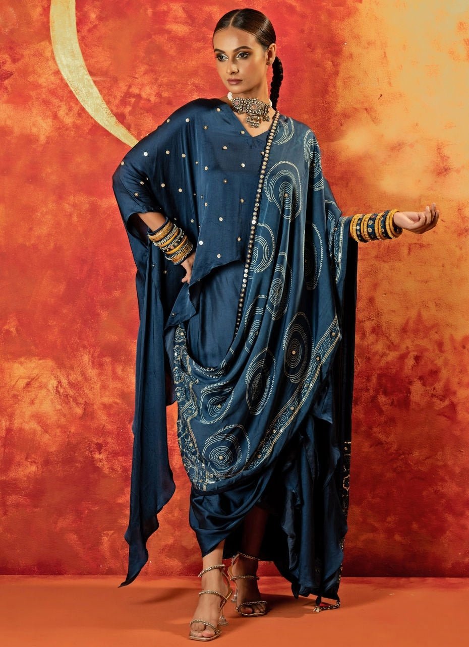 Blue Indigo Anti - Fit Asymmetric Tunic Skirt Set With Draped Dupatta Prahnaaya - Fabilicious Fashion