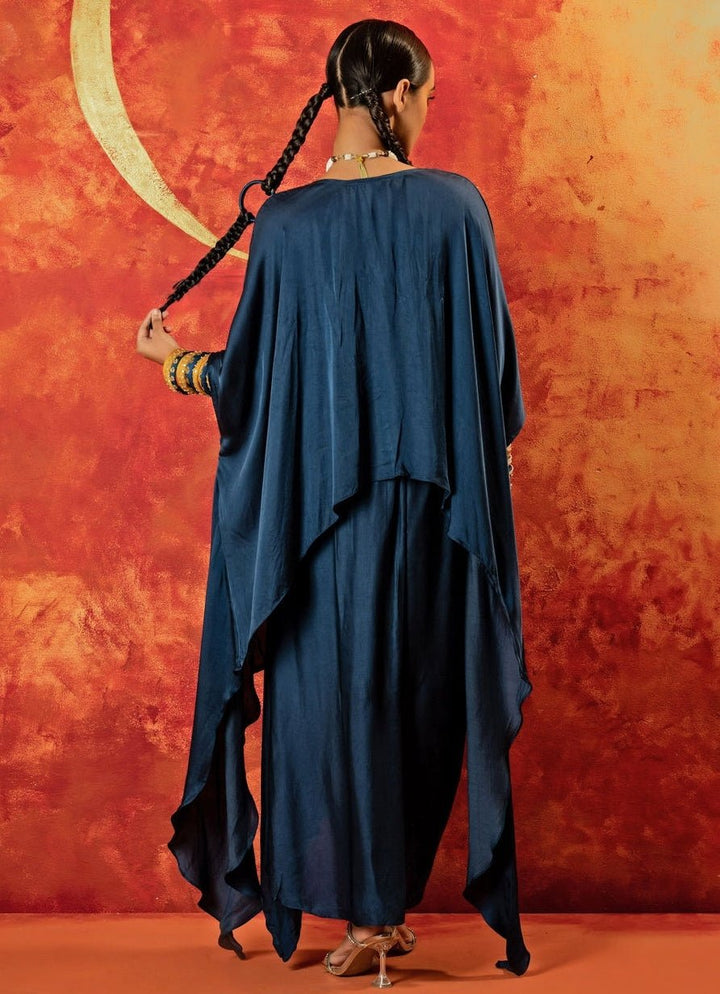 Blue Indigo Anti - Fit Asymmetric Tunic Skirt Set With Draped Dupatta Prahnaaya - Fabilicious Fashion