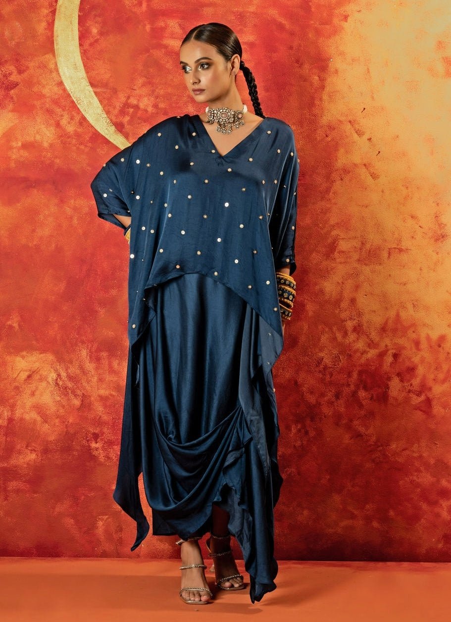 Blue Indigo Anti - Fit Asymmetric Tunic Skirt Set With Draped Dupatta Prahnaaya - Fabilicious Fashion