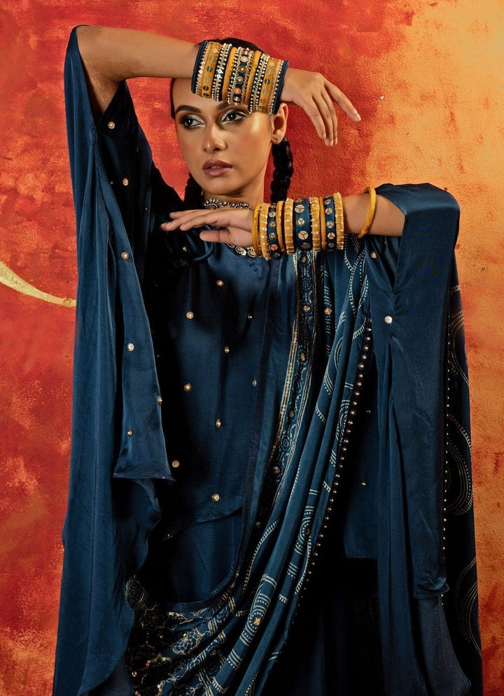 Blue Indigo Anti - Fit Asymmetric Tunic Skirt Set With Draped Dupatta Prahnaaya - Fabilicious Fashion