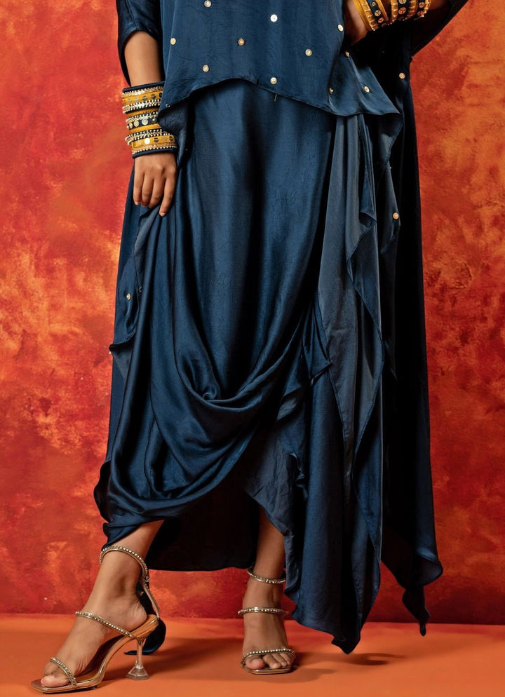 Blue Indigo Anti - Fit Asymmetric Tunic Skirt Set With Draped Dupatta Prahnaaya - Fabilicious Fashion