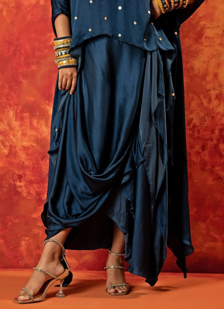 Blue Indigo Asymmetric Handblocked Satin Tunic And Skirt Set Prahnaaya - Fabilicious Fashion
