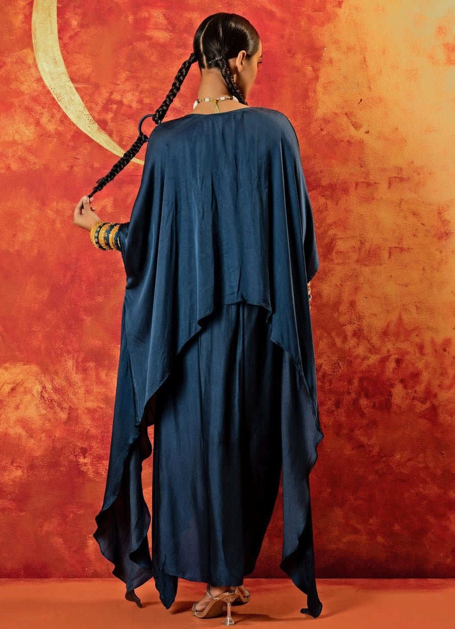 Blue Indigo Asymmetric Handblocked Satin Tunic And Skirt Set Prahnaaya - Fabilicious Fashion