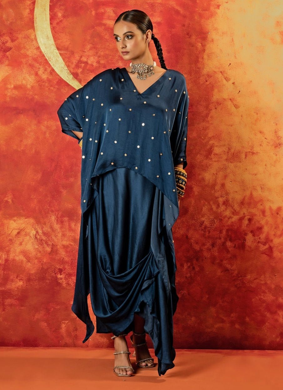 Blue Indigo Asymmetric Handblocked Satin Tunic And Skirt Set Prahnaaya - Fabilicious Fashion