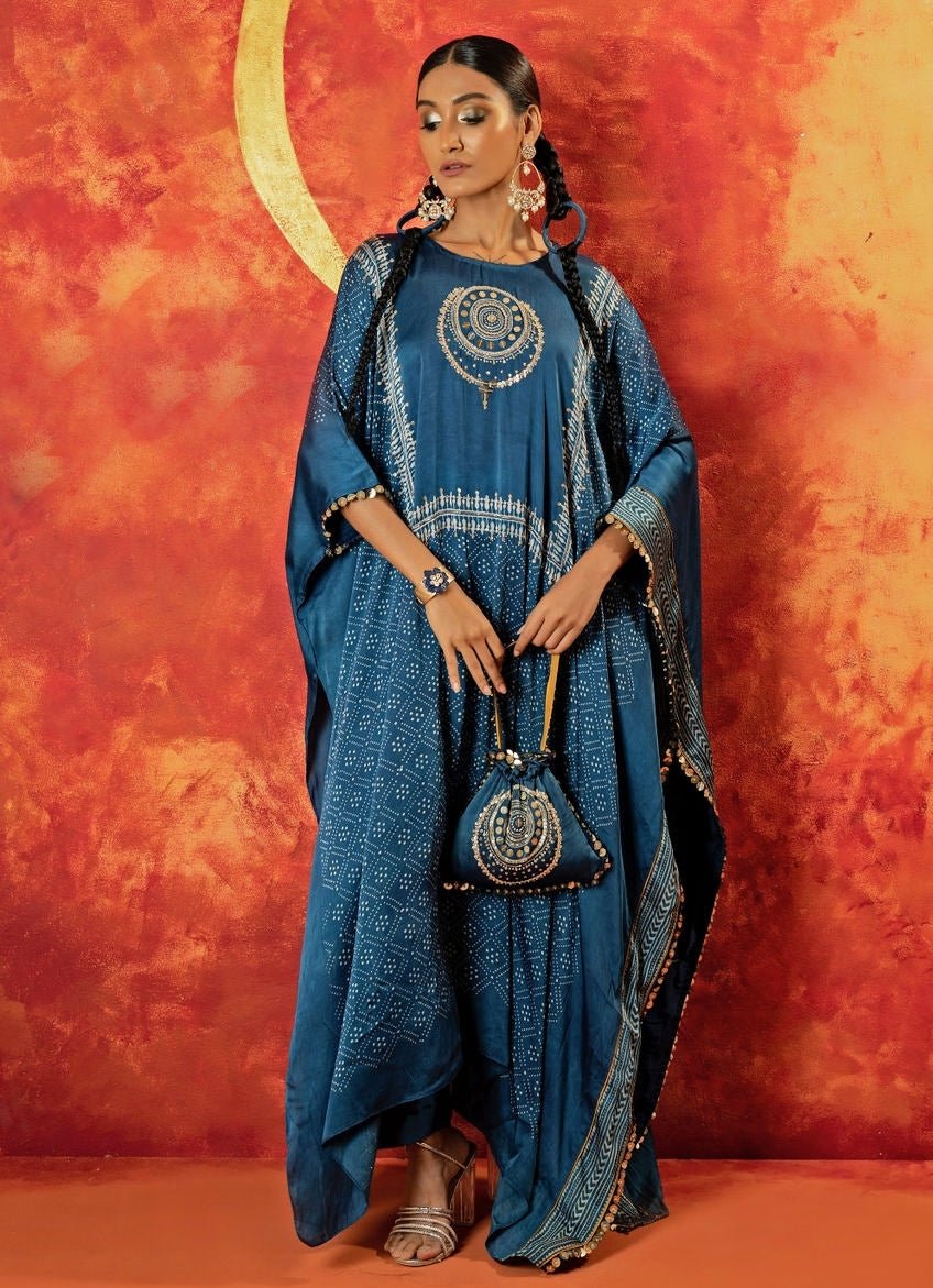 Blue Indigo Embroidered And Hand - Blocked Kaftan Set Prahnaaya - Fabilicious Fashion