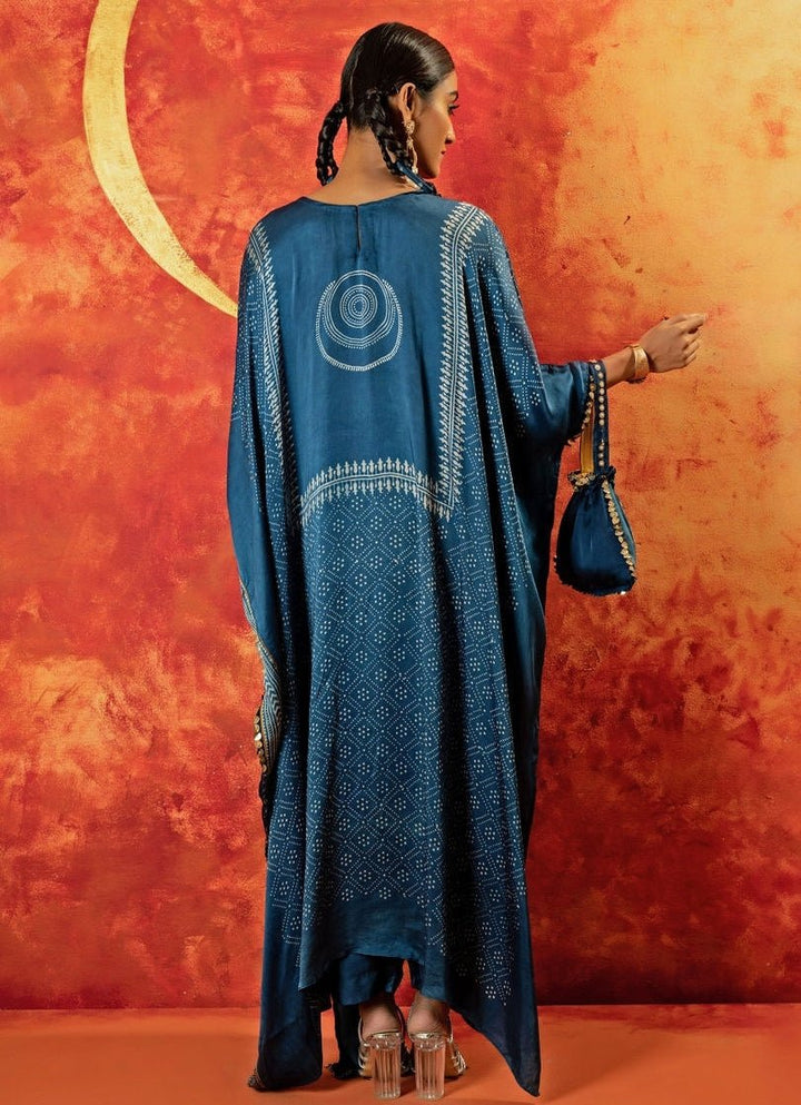 Blue Indigo Embroidered And Hand - Blocked Kaftan Set Prahnaaya - Fabilicious Fashion