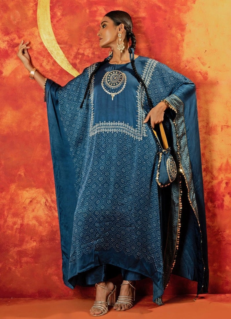 Blue Indigo Embroidered And Hand - Blocked Kaftan Set Prahnaaya - Fabilicious Fashion