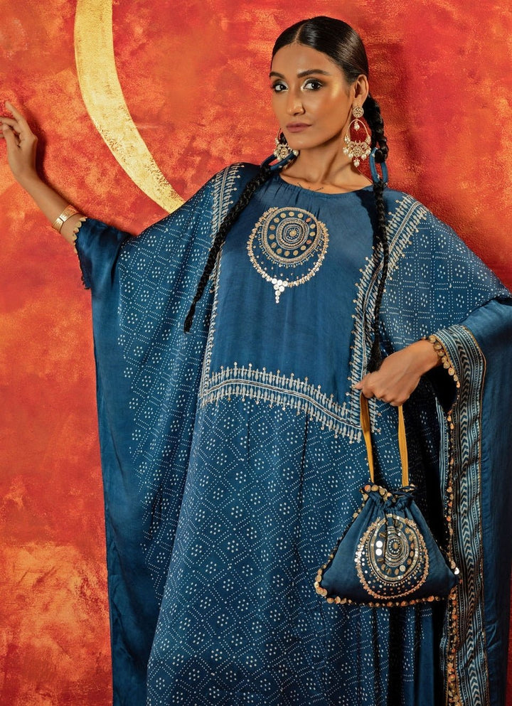 Blue Indigo Embroidered And Hand - Blocked Kaftan Set Prahnaaya - Fabilicious Fashion