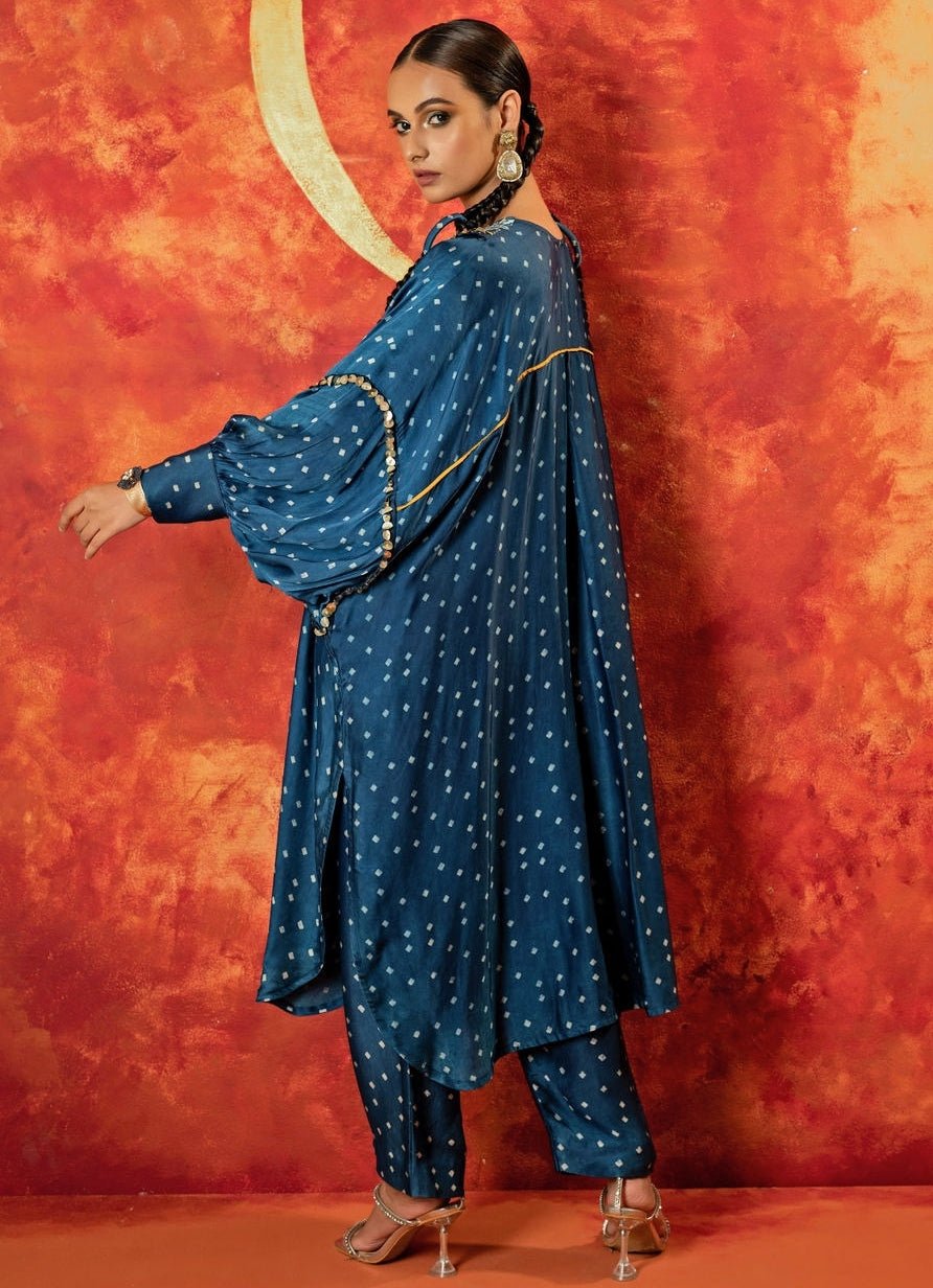 Blue Indigo Embroidered And Hand - Blocked Satin Kurta Pant Set Prahnaaya - Fabilicious Fashion
