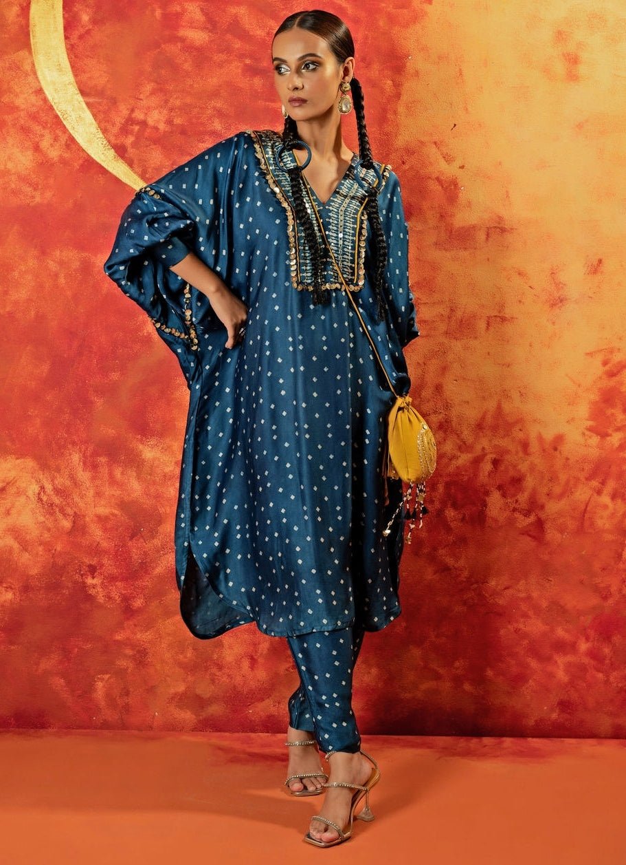 Blue Indigo Embroidered And Hand - Blocked Satin Kurta Pant Set Prahnaaya - Fabilicious Fashion
