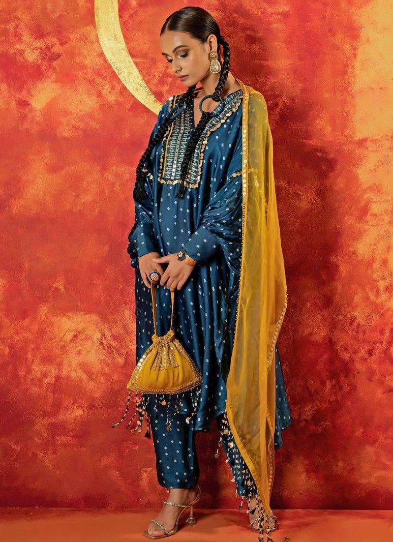 Blue Indigo Embroidered And Hand - Blocked Satin Kurta Pant Set Prahnaaya - Fabilicious Fashion