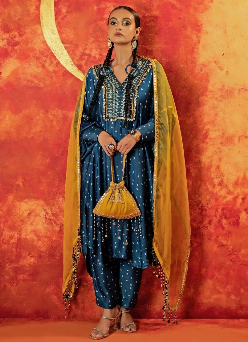 Blue Indigo Embroidered And Hand - Blocked Satin Kurta Pant Set Prahnaaya - Fabilicious Fashion