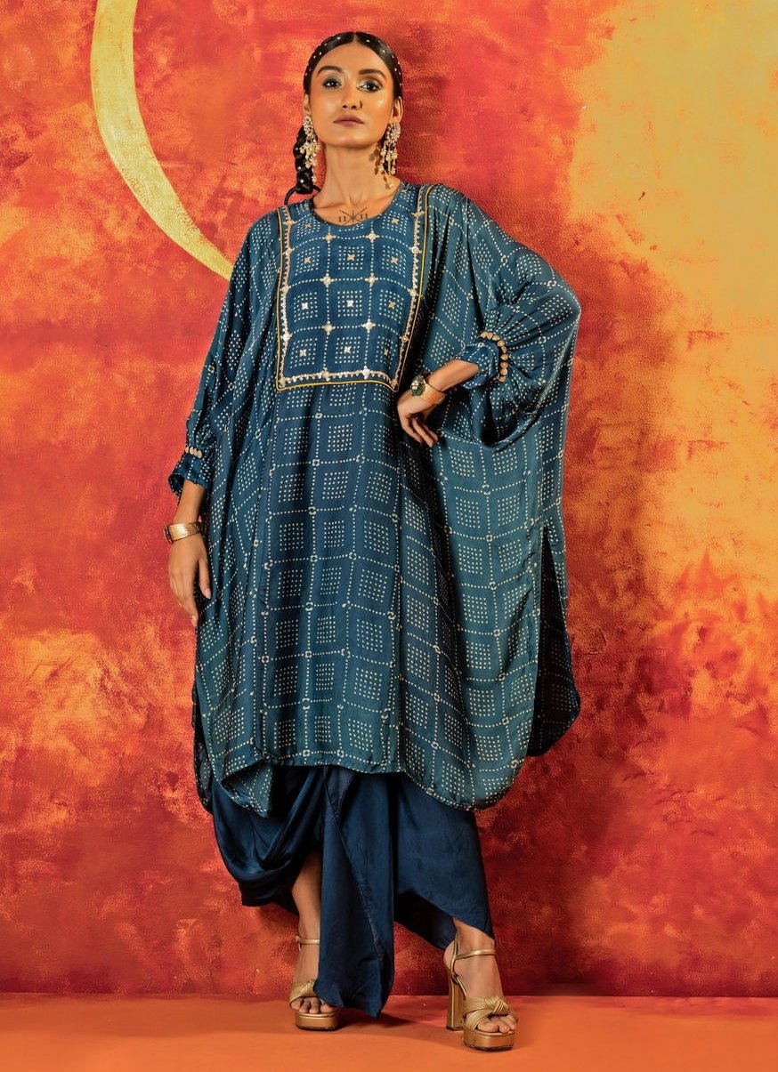Blue Indigo Embroidered And Hand - Blocked Satin Kurta With Draped Skirt Prahnaaya - Fabilicious Fashion