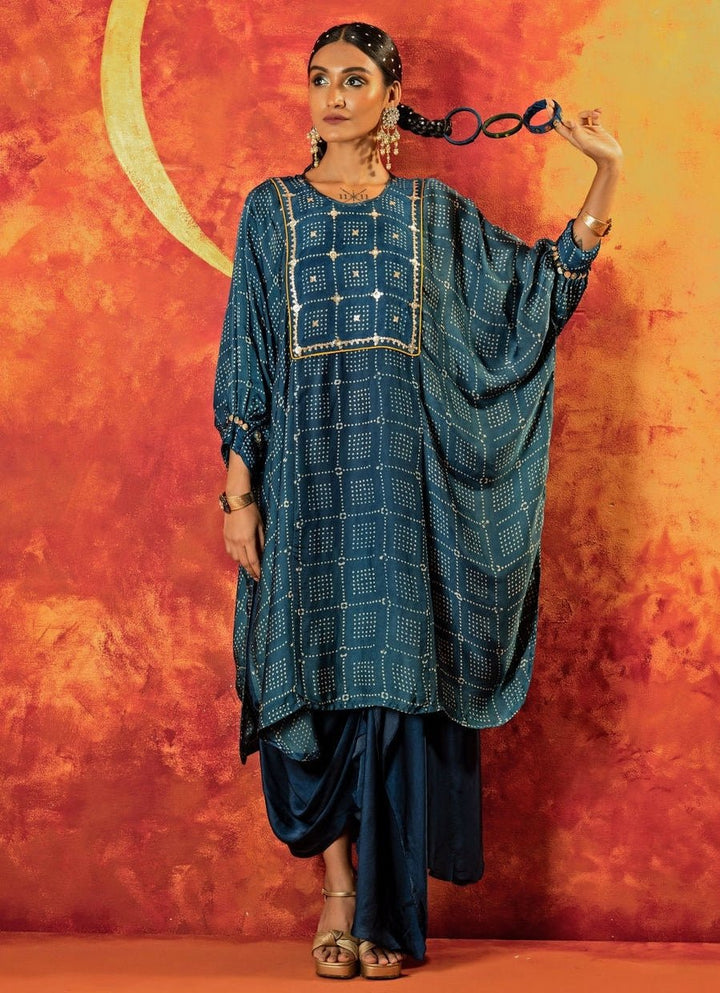Blue Indigo Embroidered And Hand - Blocked Satin Kurta With Draped Skirt Prahnaaya - Fabilicious Fashion