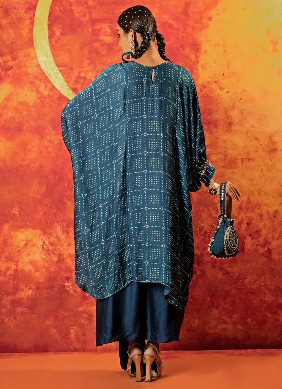 Blue Indigo Embroidered And Hand - Blocked Satin Kurta With Draped Skirt Prahnaaya - Fabilicious Fashion