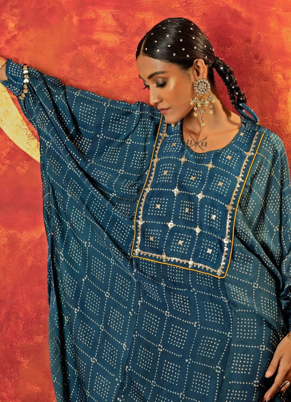Blue Indigo Embroidered And Hand - Blocked Satin Kurta With Draped Skirt Prahnaaya - Fabilicious Fashion