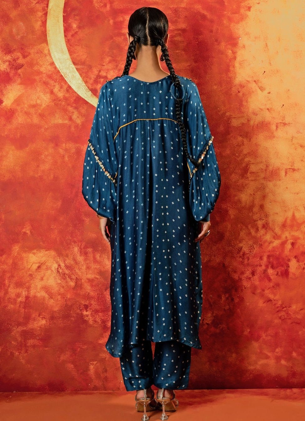 Blue Indigo Embroidered And Hand - Blocked Satin Kurta With Pant Prahnaaya - Fabilicious Fashion