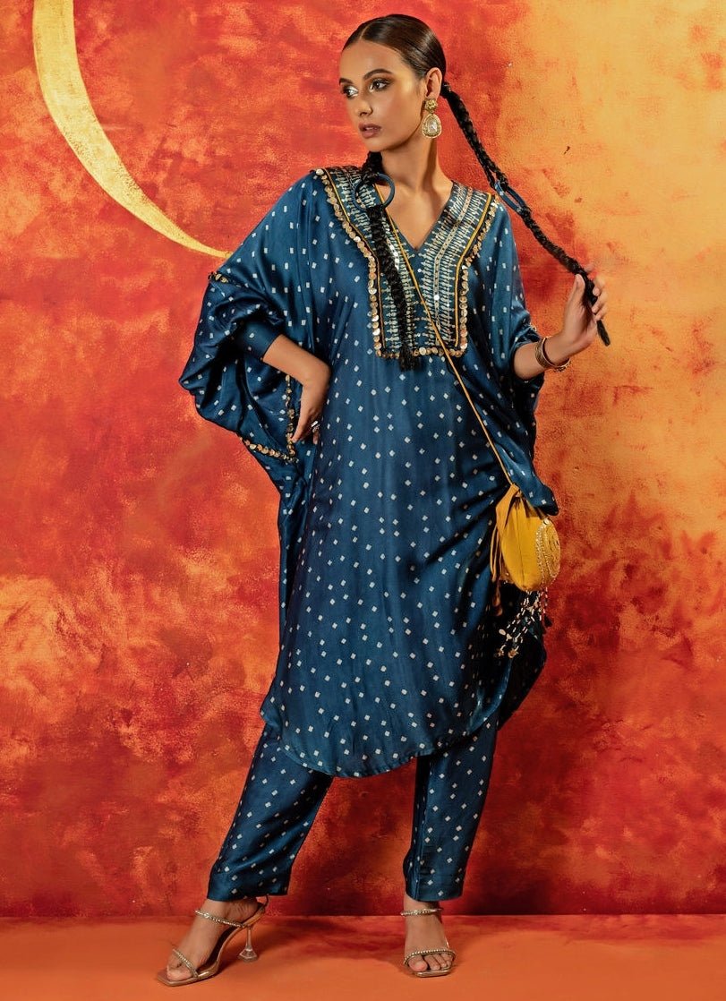 Blue Indigo Embroidered And Hand - Blocked Satin Kurta With Pant Prahnaaya - Fabilicious Fashion