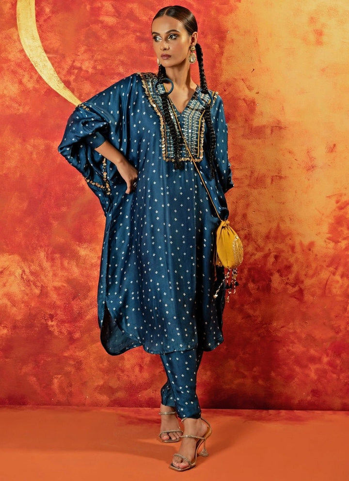 Blue Indigo Embroidered And Hand - Blocked Satin Kurta With Pant Prahnaaya - Fabilicious Fashion