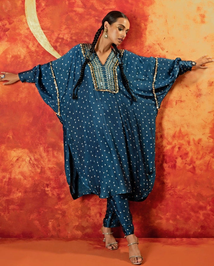 Blue Indigo Embroidered And Hand - Blocked Satin Kurta With Pant Prahnaaya - Fabilicious Fashion
