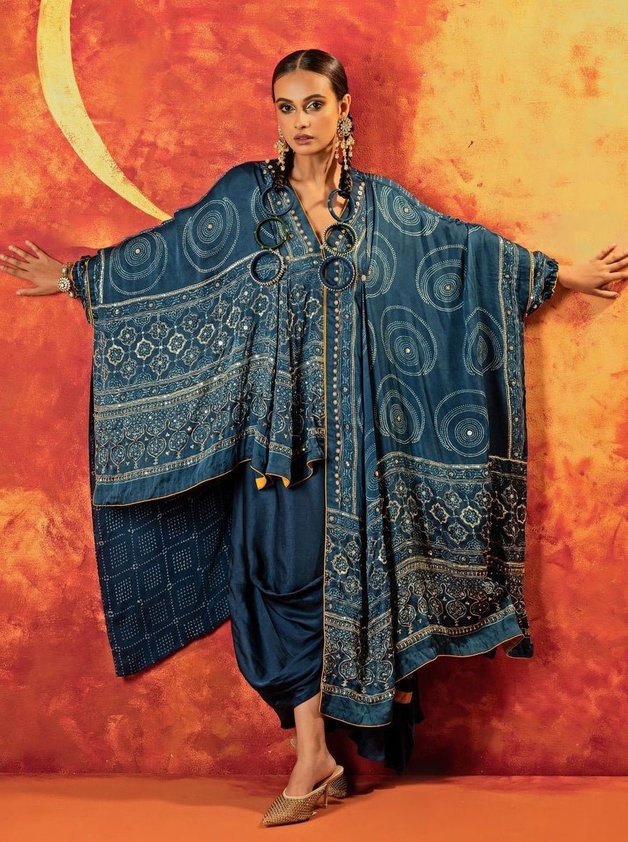 Blue Indigo Pleated High - Low Kaftan And Skirt Set Prahnaaya - Fabilicious Fashion