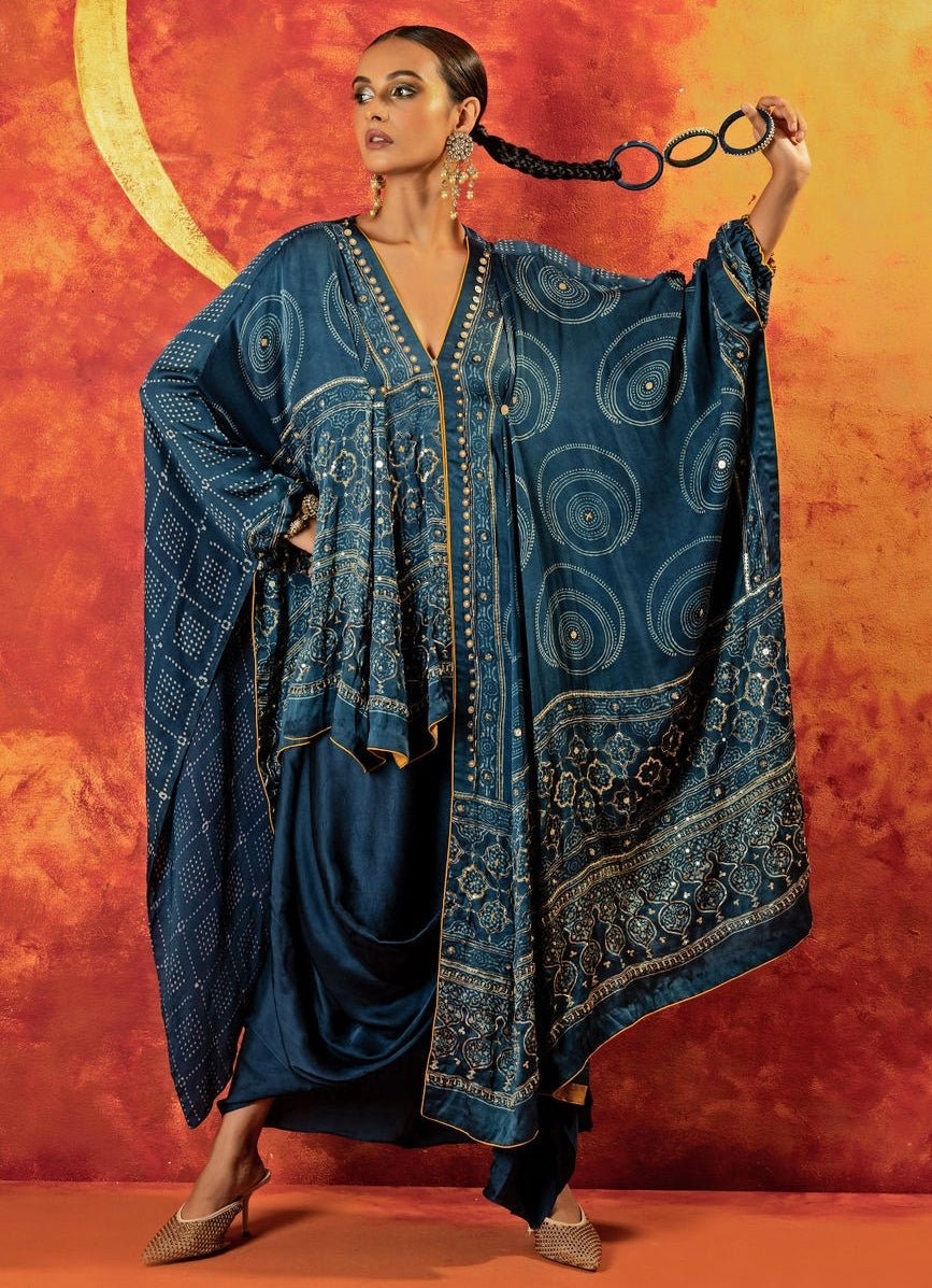 Blue Indigo Pleated High - Low Kaftan And Skirt Set Prahnaaya - Fabilicious Fashion