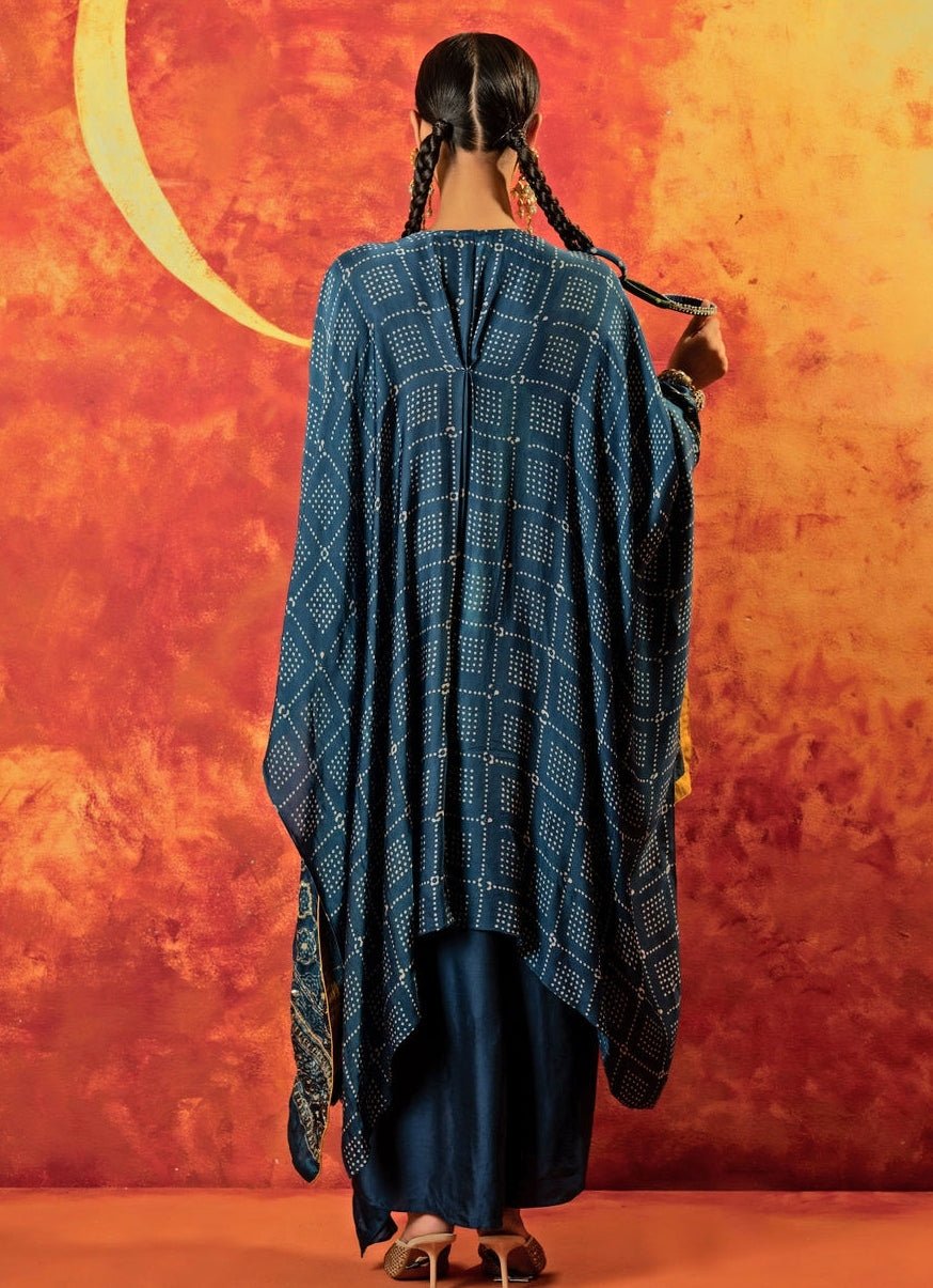 Blue Indigo Pleated High - Low Kaftan And Skirt Set Prahnaaya - Fabilicious Fashion