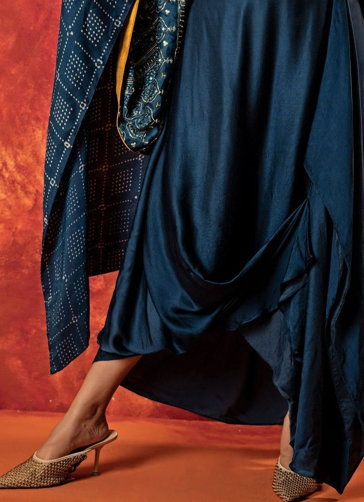 Blue Indigo Pleated High - Low Kaftan And Skirt Set Prahnaaya - Fabilicious Fashion