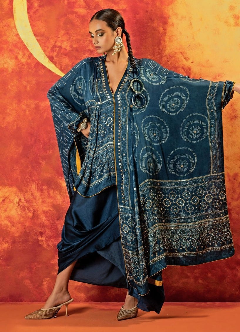 Blue Indigo Pleated High - Low Kaftan And Skirt Set Prahnaaya - Fabilicious Fashion