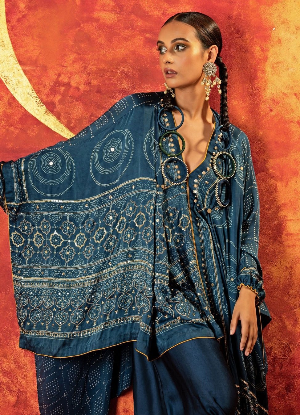 Blue Indigo Pleated High - Low Kaftan And Skirt Set Prahnaaya - Fabilicious Fashion