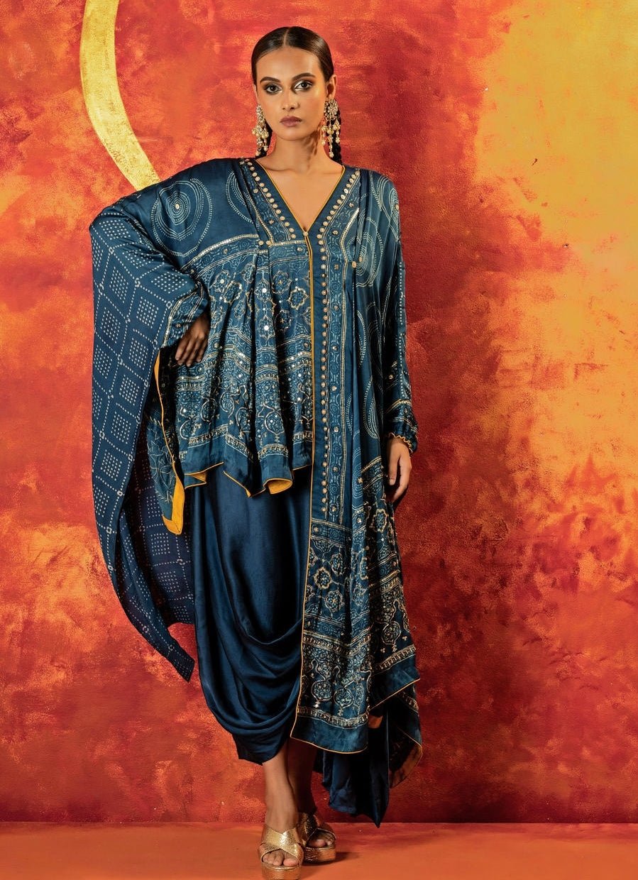 Blue Indigo Pleated High - Low Kaftan And Skirt Set Prahnaaya - Fabilicious Fashion