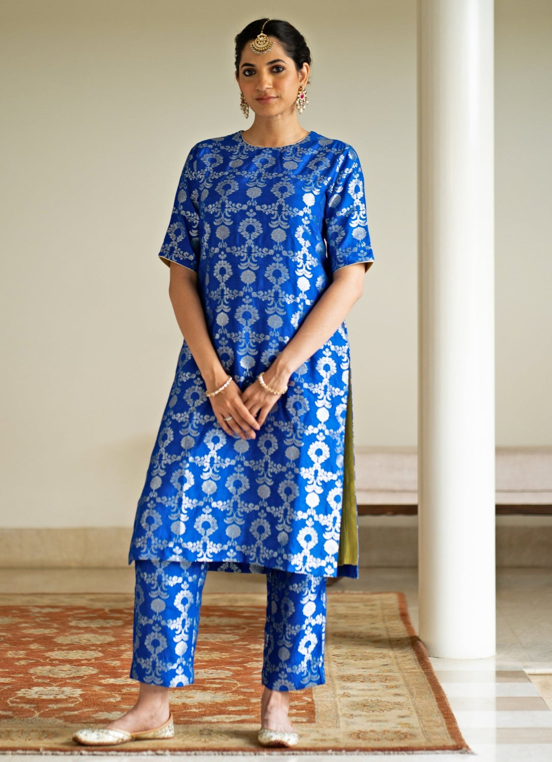 Blue Jaal Weaved Brocade Silk Kurta Pant Set Sobariko - Fabilicious Fashion