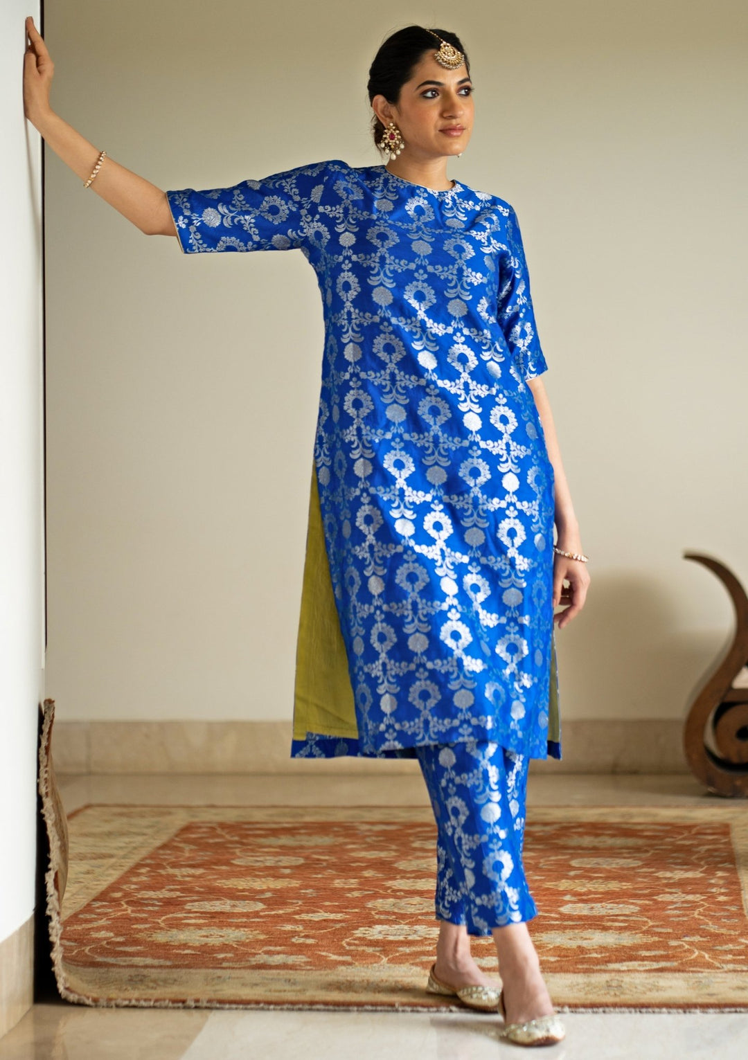 Blue Jaal Weaved Brocade Silk Kurta Pant Set Sobariko - Fabilicious Fashion