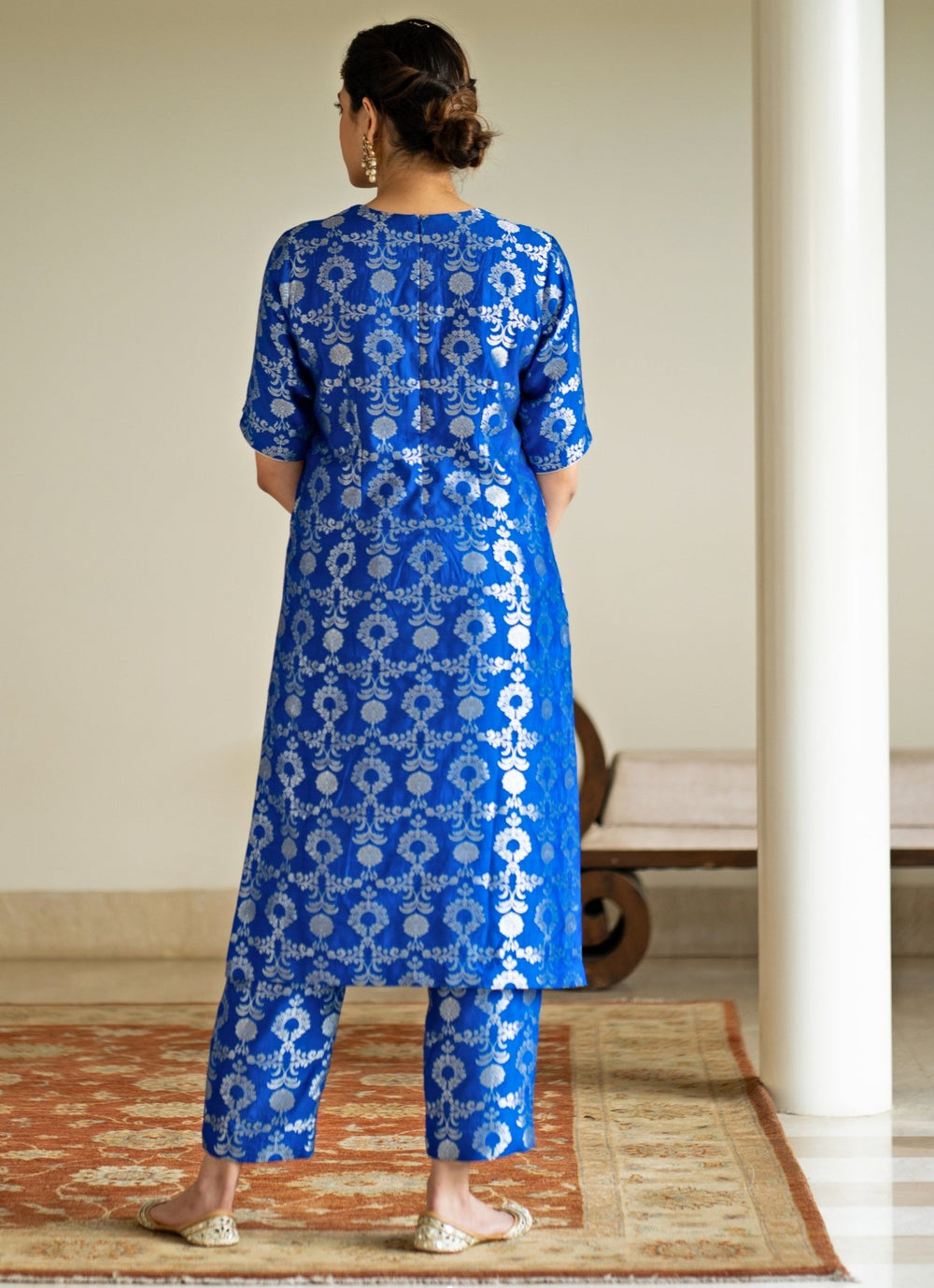Blue Jaal Weaved Brocade Silk Kurta Pant Set Sobariko - Fabilicious Fashion