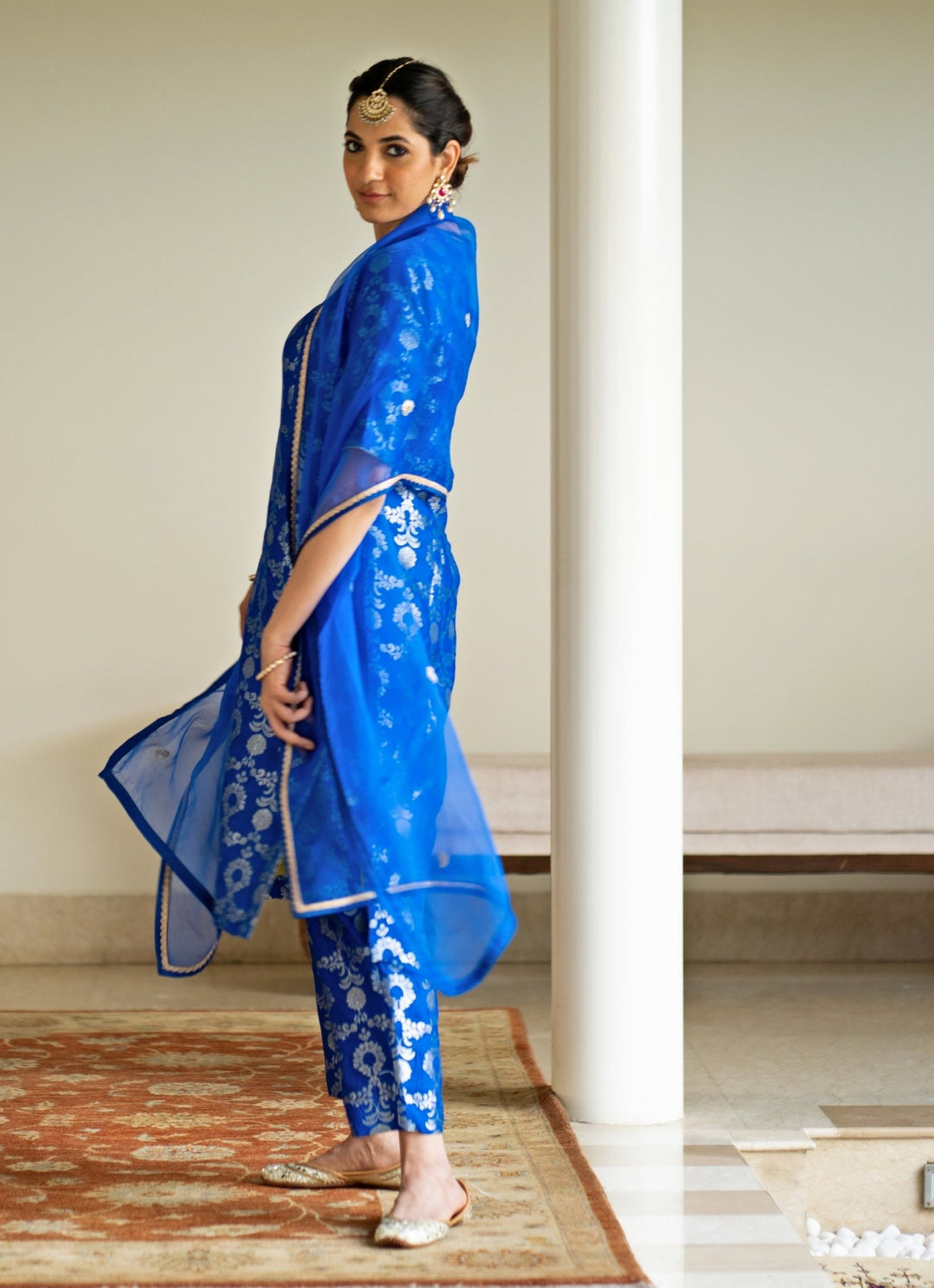 Blue Jaal Weaved Brocade Silk Kurta Pant Set Sobariko - Fabilicious Fashion