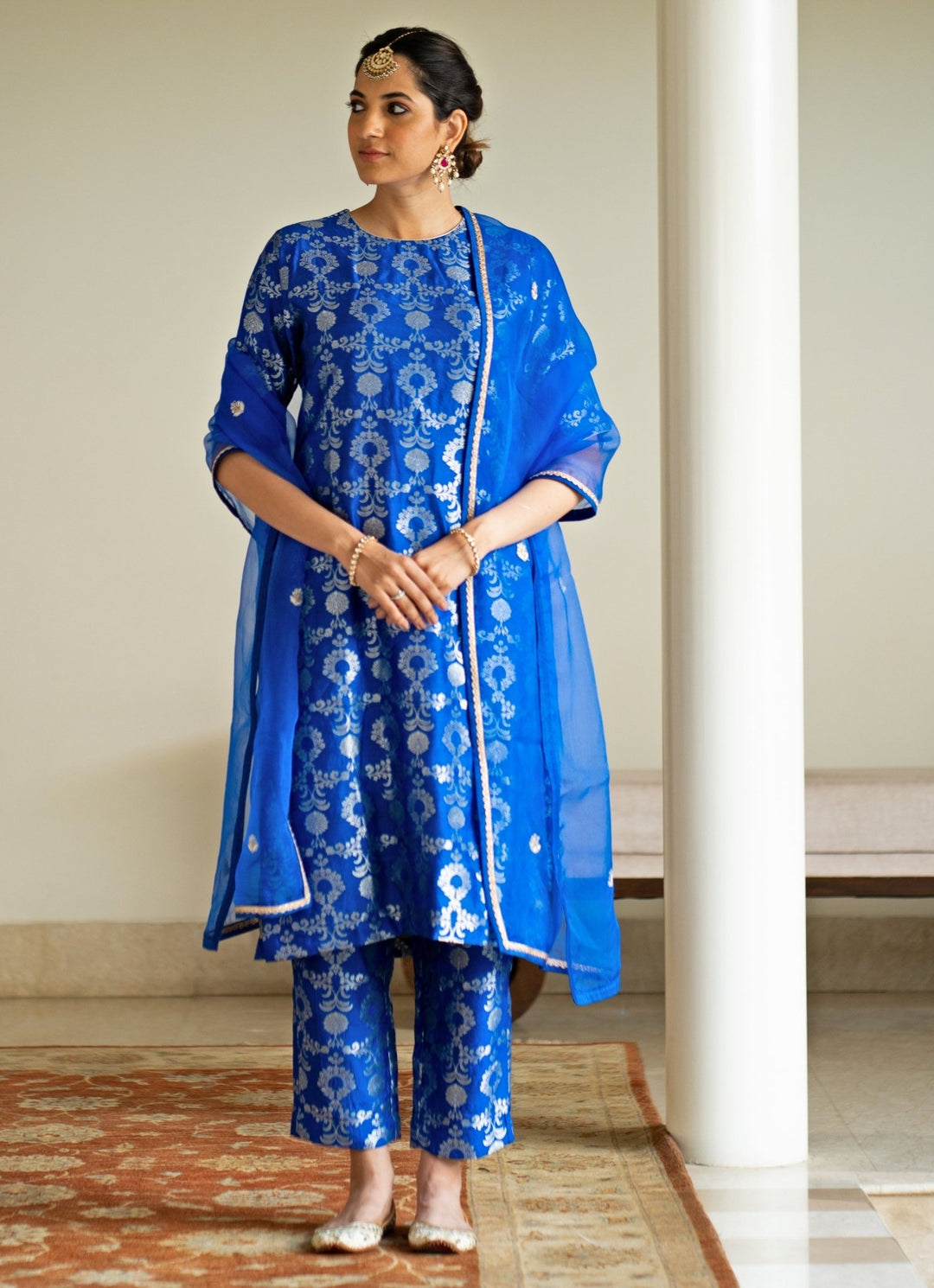 Blue Jaal Weaved Brocade Silk Kurta Pant Set Sobariko - Fabilicious Fashion