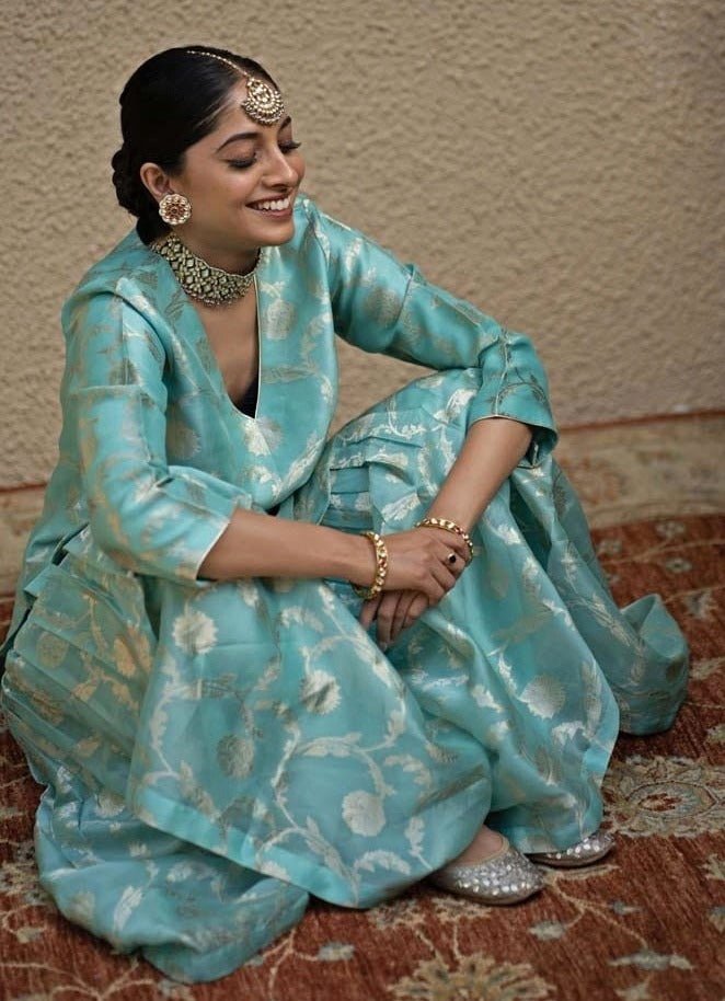 Blue Jaal Weaved Silk Kurta Sharara Set Sobariko - Fabilicious Fashion