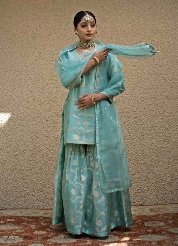 Blue Jaal Weaved Silk Kurta Sharara Set Sobariko - Fabilicious Fashion