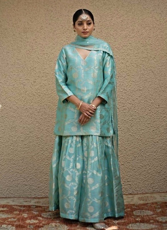 Blue Jaal Weaved Silk Kurta Sharara Set Sobariko - Fabilicious Fashion
