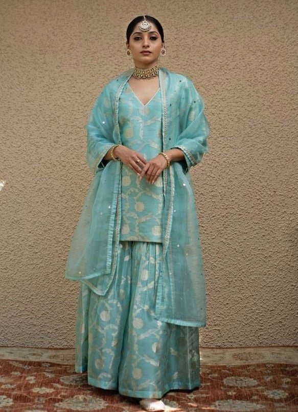 Blue Jaal Weaved Silk Kurta Sharara Set Sobariko - Fabilicious Fashion