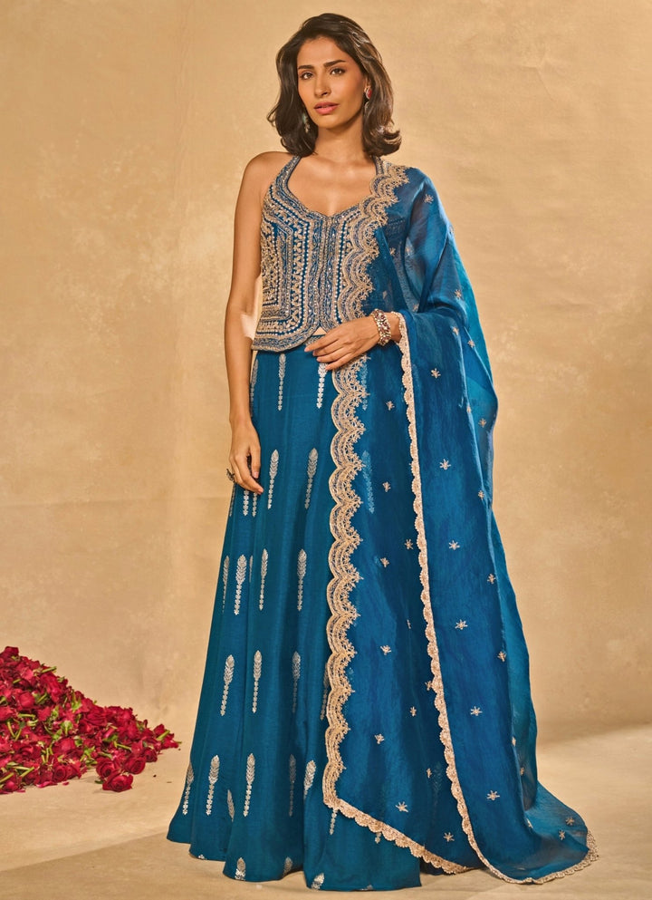 Blue Jamewar Lehenga With Corset Blouse Chamee & Palak - Fabilicious Fashion