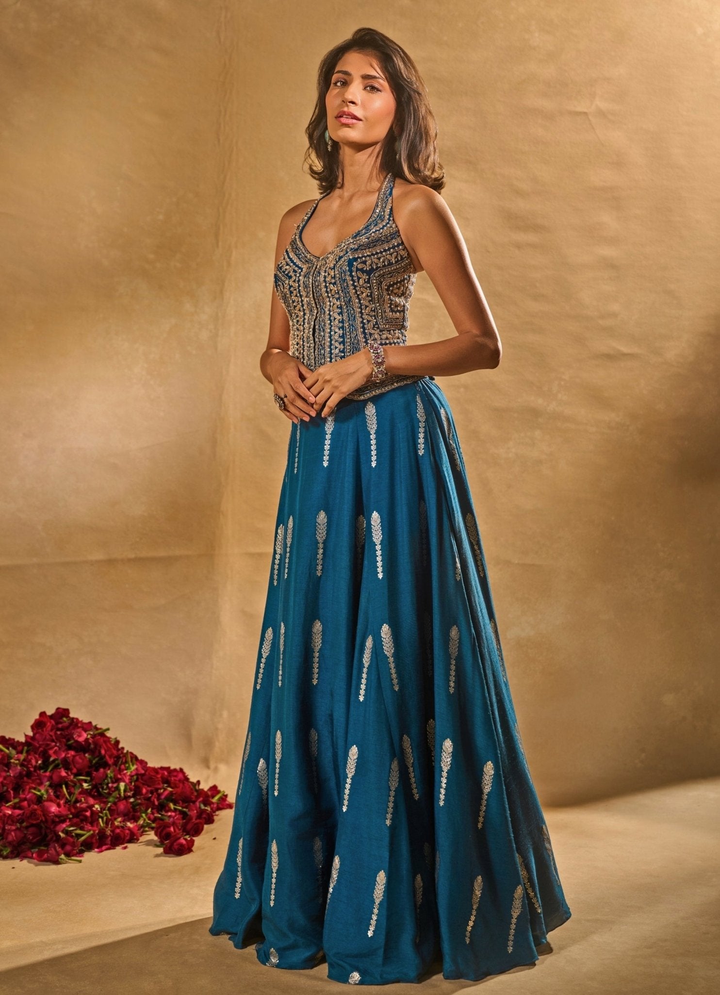Blue jamewar lehenga with corset blouse — lightweight cancan lehenga by Chamee & Palak