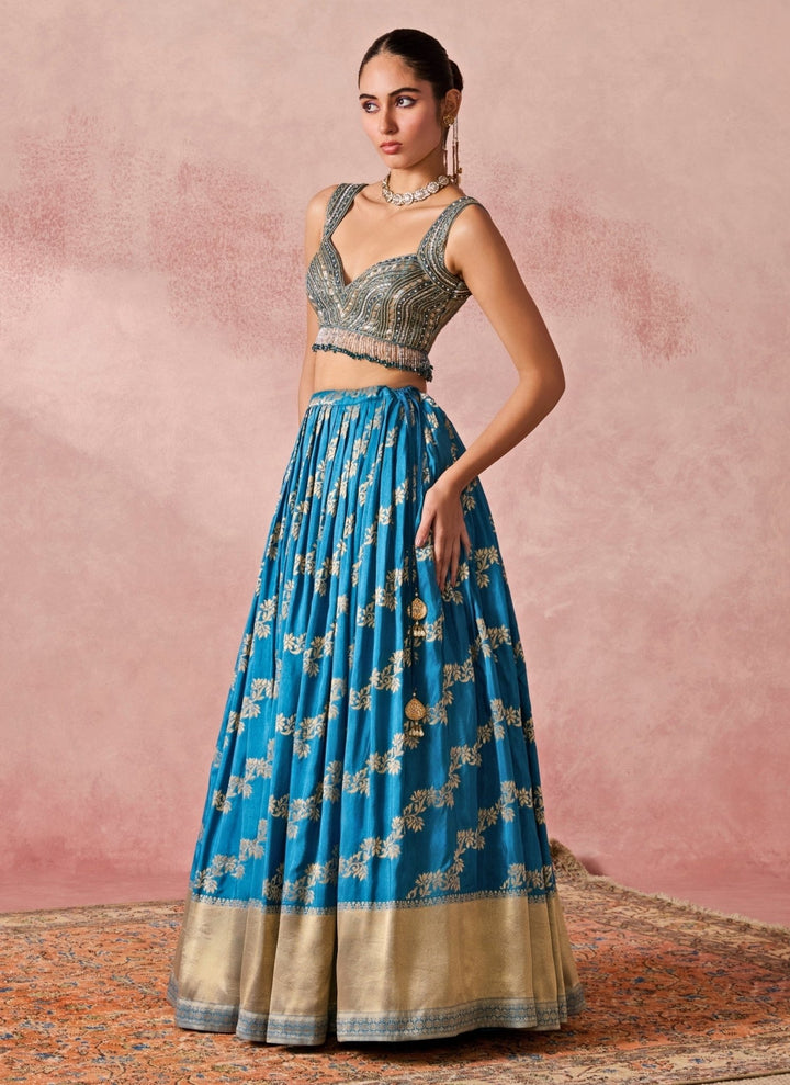 Chamee And Palak Blue Jamewar Pleated Lehenga SetFabilicious Fashion