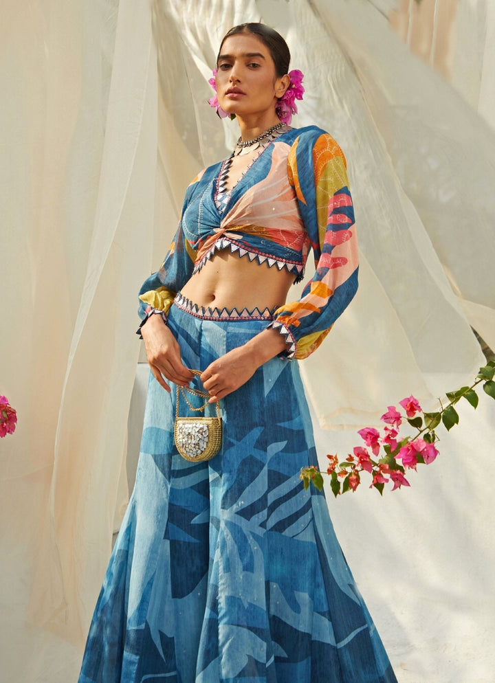 Blue Knot Printed Top And Pant Set Basil Leaf - Fabilicious Fashion