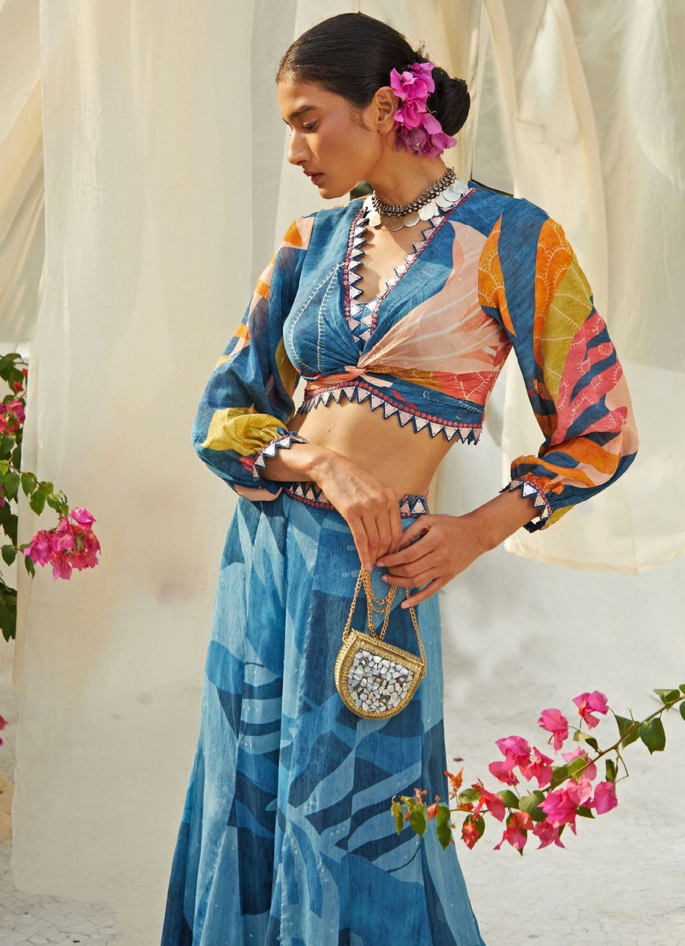 Blue Knot Printed Top And Pant Set Basil Leaf - Fabilicious Fashion
