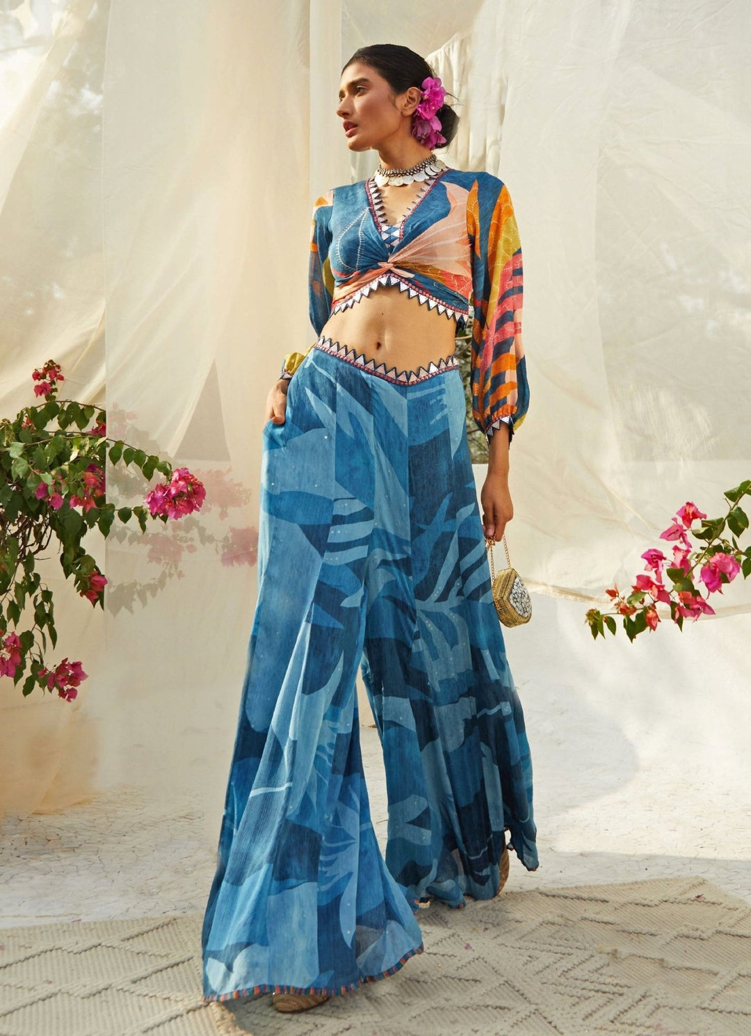 Blue Knot Printed Top And Pant Set Basil Leaf - Fabilicious Fashion