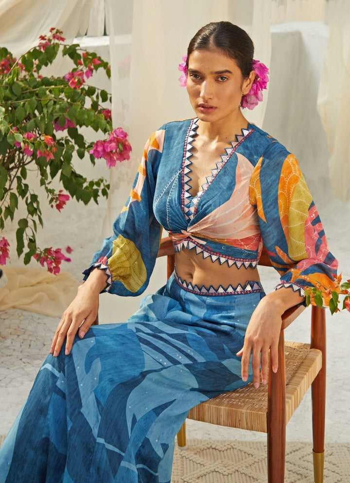 Blue Knot Printed Top And Pant Set Basil Leaf - Fabilicious Fashion