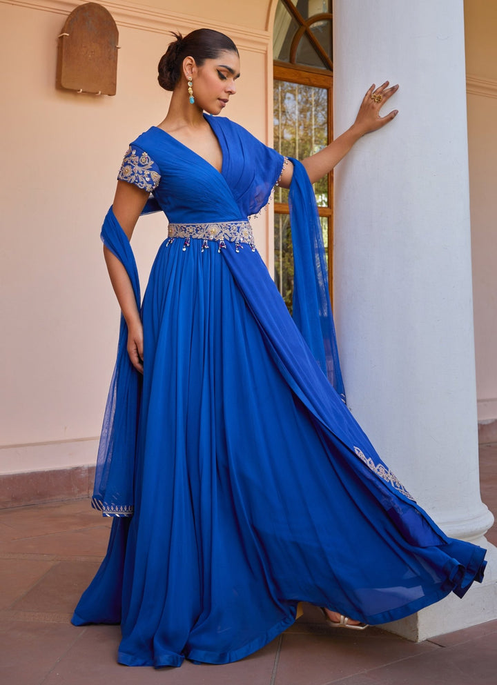 Blue Layered Anarkali Gown With Dupatta Isha Gupta Tayal - Fabilicious Fashion